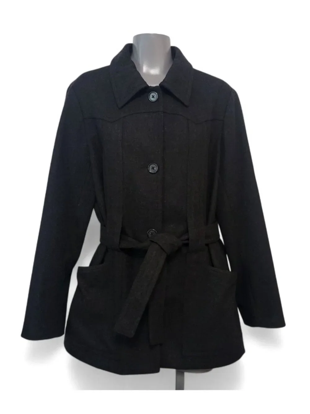 J. CREW Black Wool Belted Coat Classic Single-Breasted Structured Jacket
